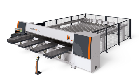 The horizontal pressure beam saw ZENTREX 6215 dynamic is the high-performance cutting solution with connection to plate storage systems